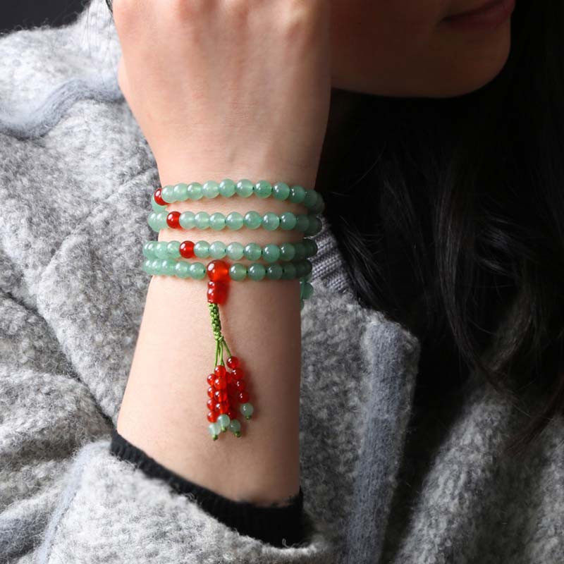 Wear FengShui 108 Beads Green Aventurine Red Agate Luck Mala Bracelet