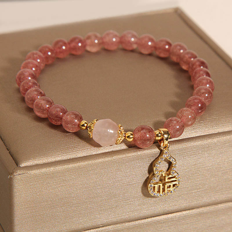 Wear FengShui Strawberry Quartz Gourd Fu Character Charm Positive Bracelet