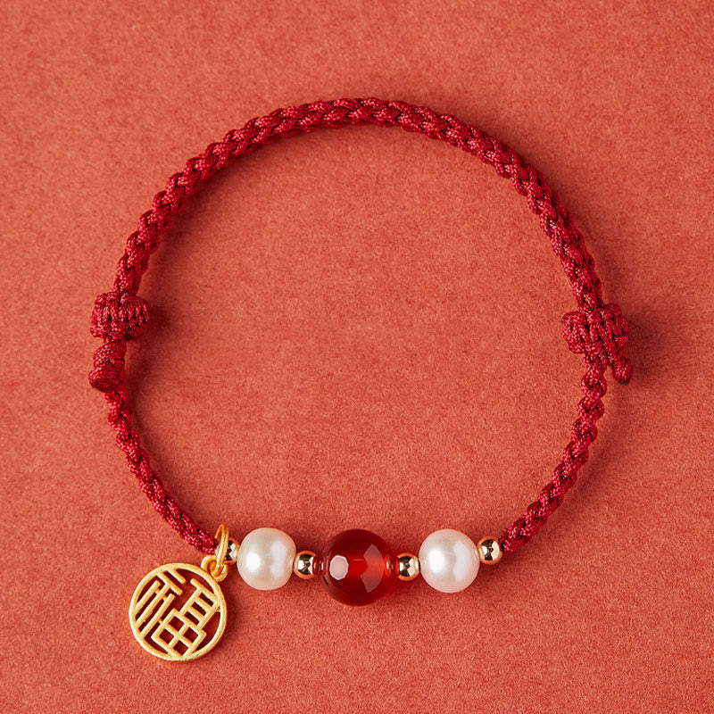 Wear FengShui 925 Sterling Silver Good Fortune Fu Character Agate Pearl Red String Braid Bracelet
