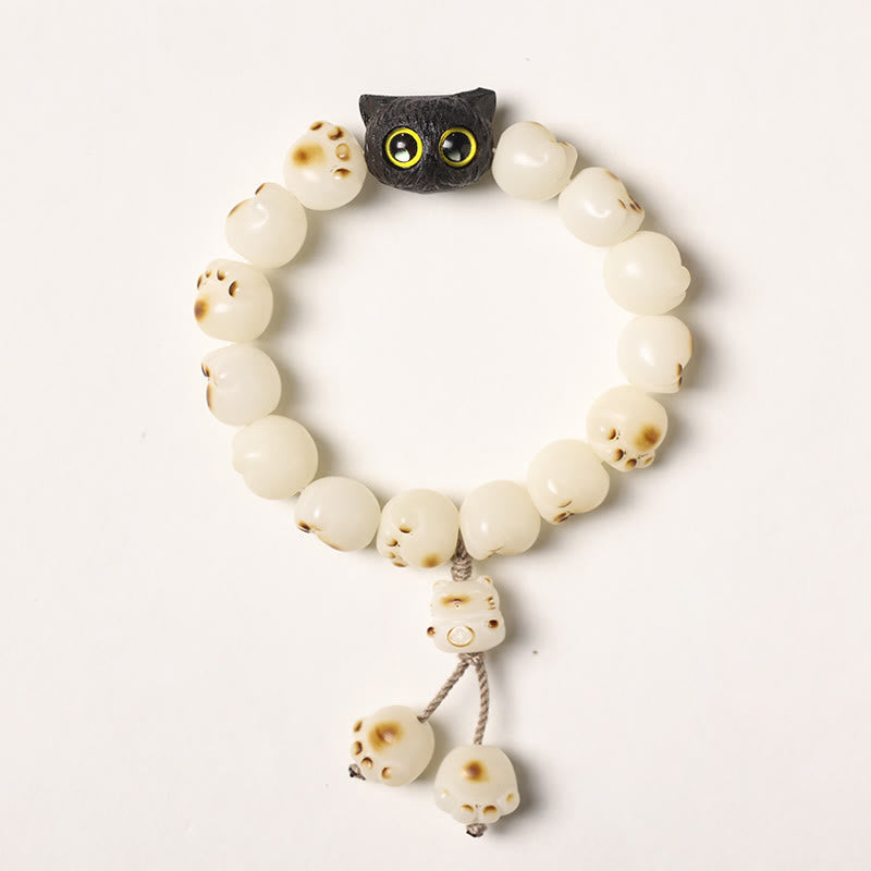 Wear FengShui Natural Bodhi Seed Lovely Paw Ebony Wood Lucky Cat Wisdom Bracelet