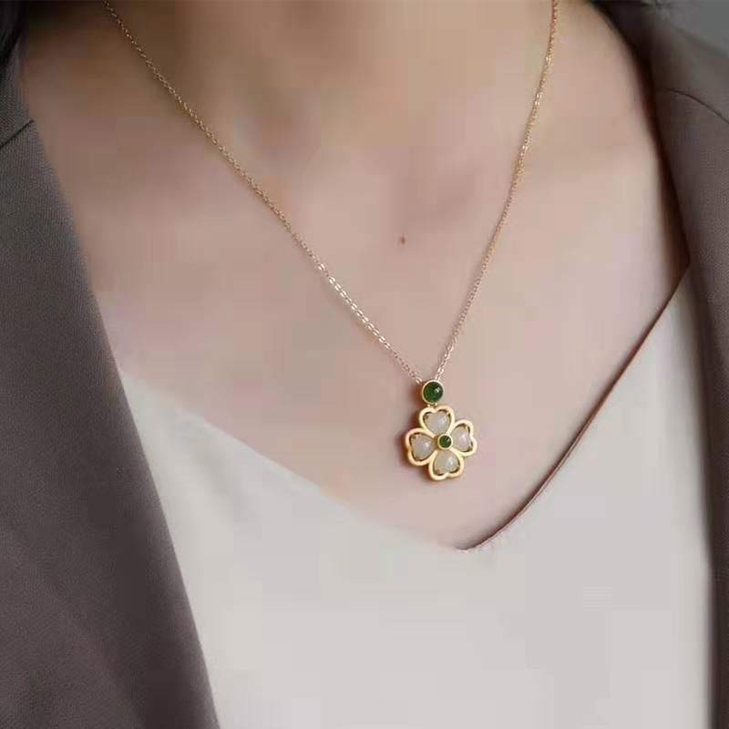 Wear FengShui 925 Sterling Silver Lucky Four Leaf Clover Jade Prosperity Necklace Chain Pendant
