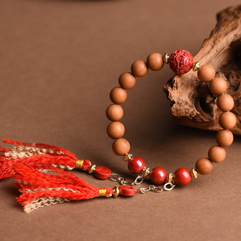Wear FengShui Tibetan Natural Peach Wood Cinnabar PiXiu Wealth Tassels Bracelet