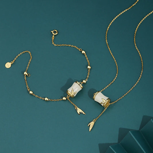 Wear FengShui 925 Sterling Silver 22K Gold Hetian White Jade Bamboo Leaf Luck Necklace Pendant Bracelet