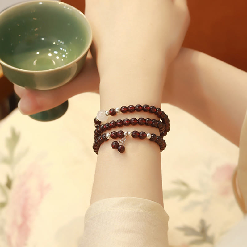 Wear FengShui 925 Sterling Silver Natural Garnet Cat Eye Protection Triple Wrap Bracelet