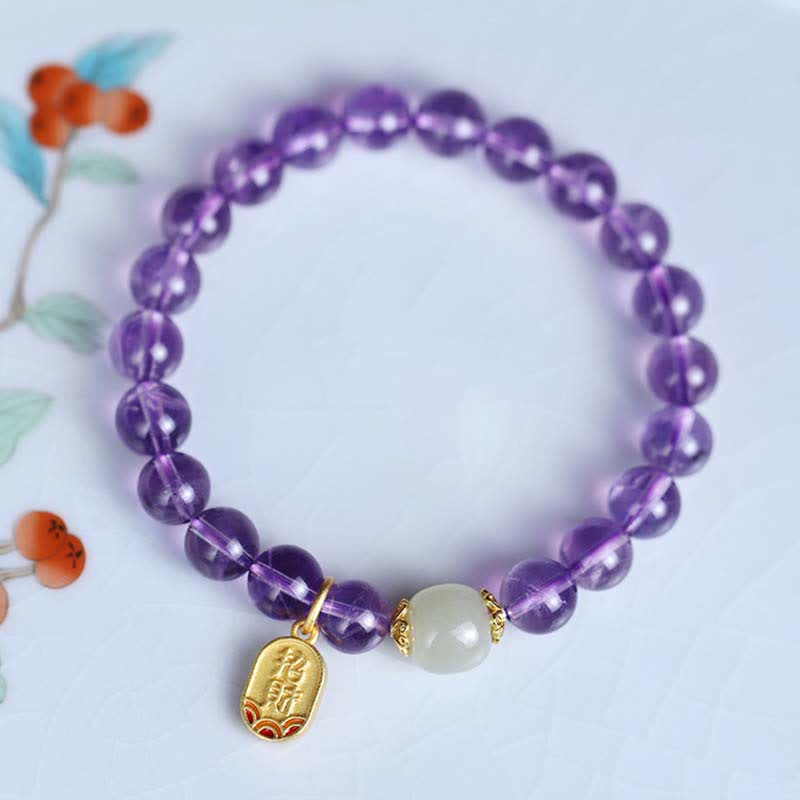 Wear FengShui Natural Amethyst Crystal Hetian Jade Healing Charm Bracelet