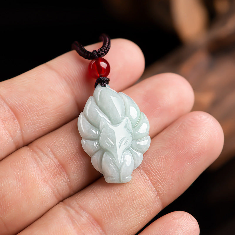 Wear FengShui Natural Jade Nine Tailed Fox Luck Prosperity Necklace Pendant