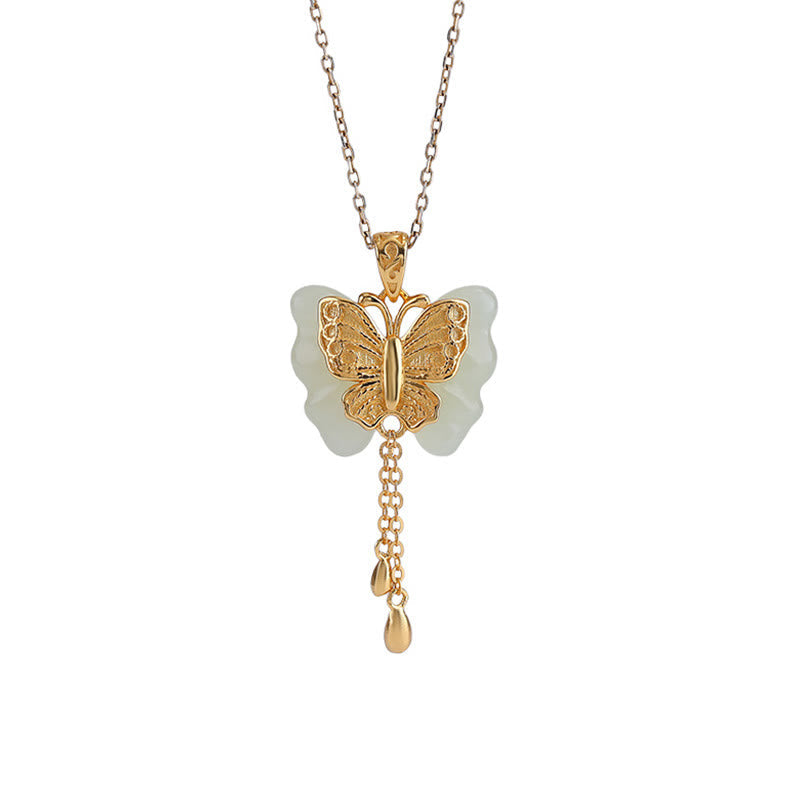 Wear FengShui 925 Sterling Silver Plated Gold Hetian White Jade Butterfly Blessing Necklace Pendant