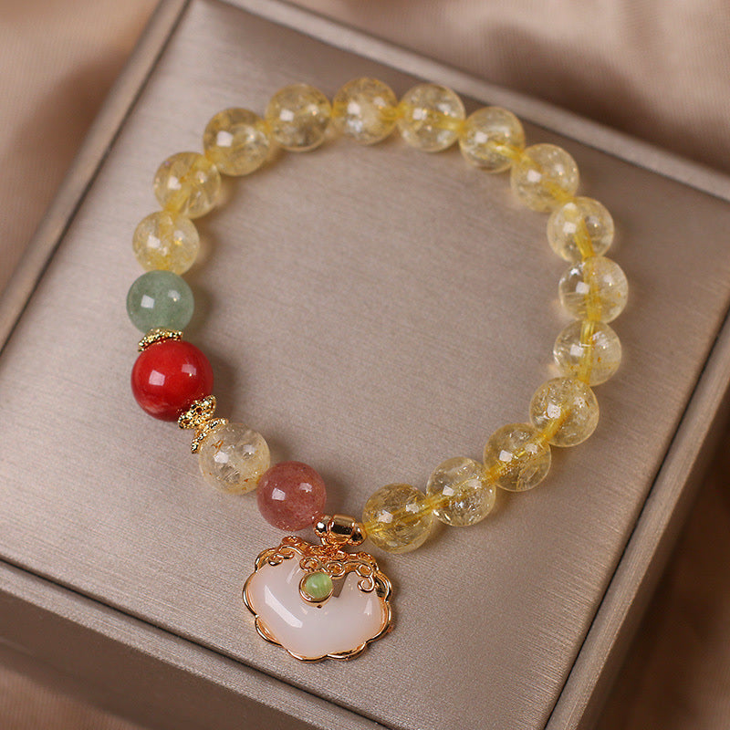 Wear FengShui Natural Citrine White Jade Strawberry Quartz Protection Charm Bracelet