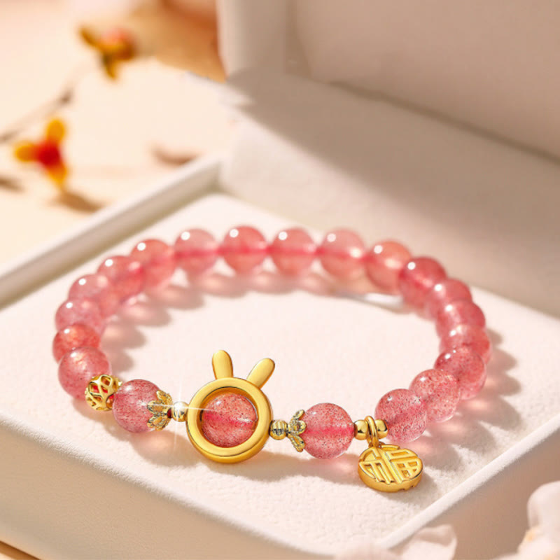 Wear FengShui Strawberry Quartz Fu Character Pink Crystal Healing Bracelet