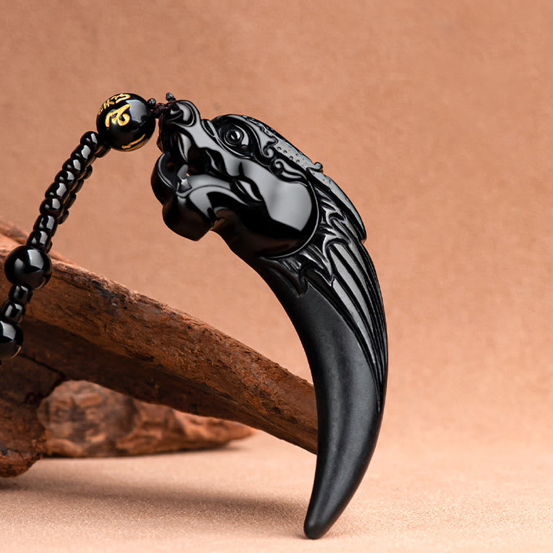 Wear FengShui Natural Black Jade Chinese Zodiac Dragon Tooth Pattern Protection Necklace Pendant