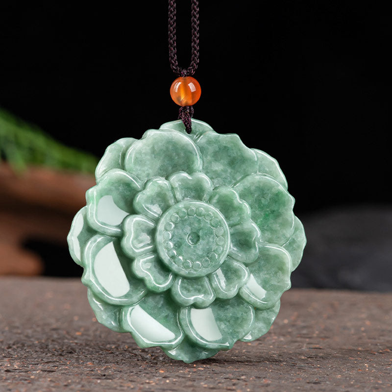 Wear FengShui Lotus Pattern Jade Luck Prosperity Necklace Pendant