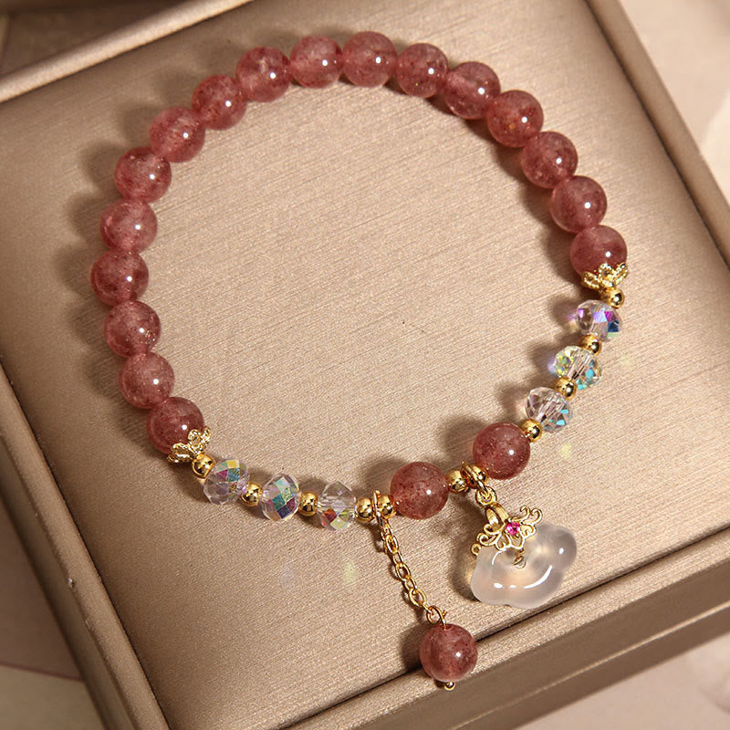Wear FengShui Natural Strawberry Quartz Crystal White Agate Auspicious Cloud Healing Bracelet