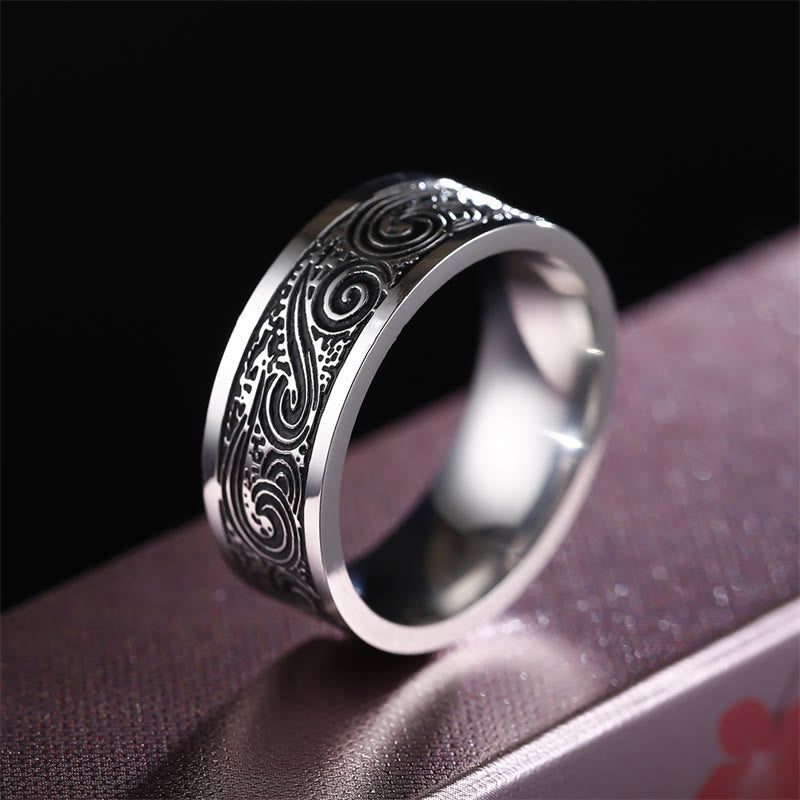 Wear FengShui Vintage Wave Auspicious Clouds Engraved Pattern Titanium Steel Balance Ring