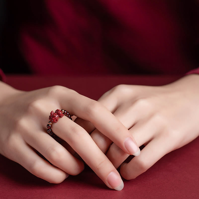 Wear FengShui Garnet Cinnabar Lucky Bead PiXiu Om Mani Padme Hum Rose Protection Ring