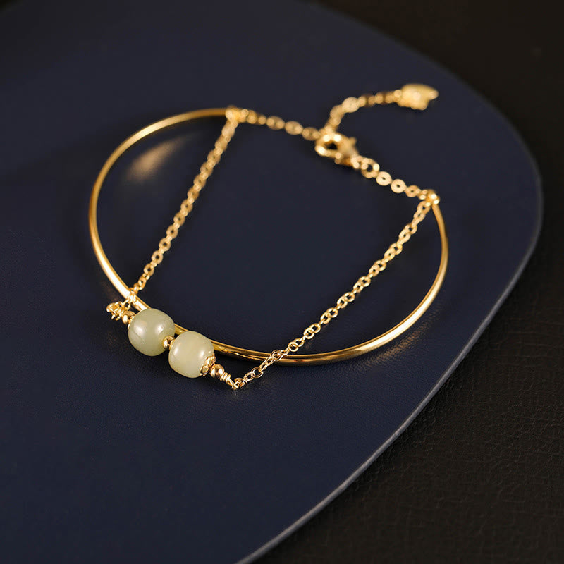Wear FengShui Copper Plated Gold Hetian Jade Bead Luck Double Layer Bracelet Bangle