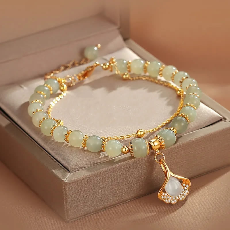Wear FengShui Jade Leaf Ginkgo Tulip Peanut Fu Character Luck Beaded Bracelet