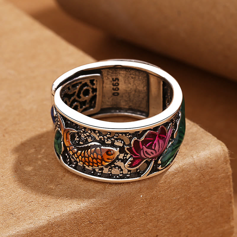 Wear FengShui Copper Blue Enamel Lotus Heart Sutra Koi Fish Luck Ring