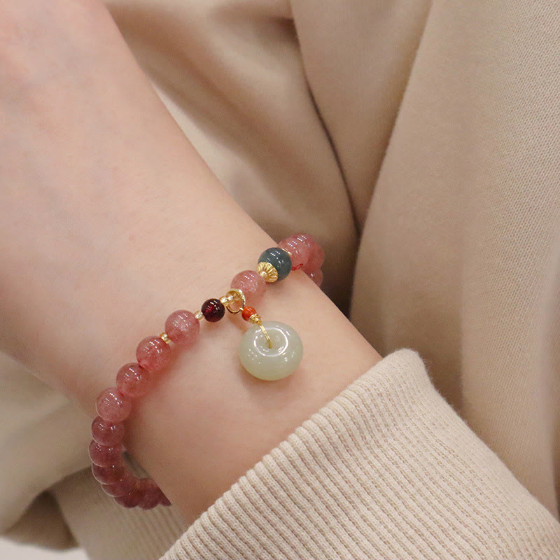Wear FengShui Natural Strawberry Quartz Jade Peace Buckle Coin Purse Healing Bracelet