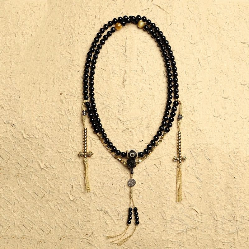 Wear FengShui Tibetan 108 Mala Beads Black Onyx Three-eyed Dzi Beads Protection Bracelet