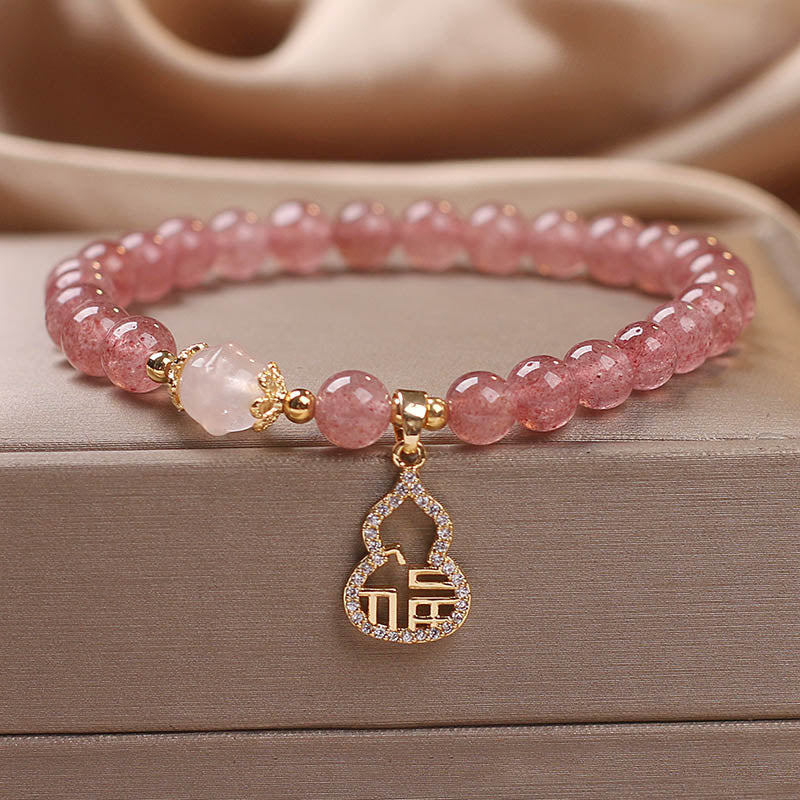 Wear FengShui Strawberry Quartz Gourd Fu Character Charm Positive Bracelet