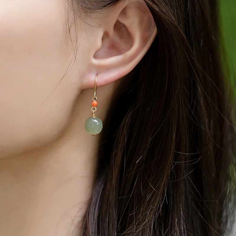 Wear FengShui 925 Sterling Silver Plated 14k Gold Hetian Jade Red Agate Luck Drop Dangle Earrings