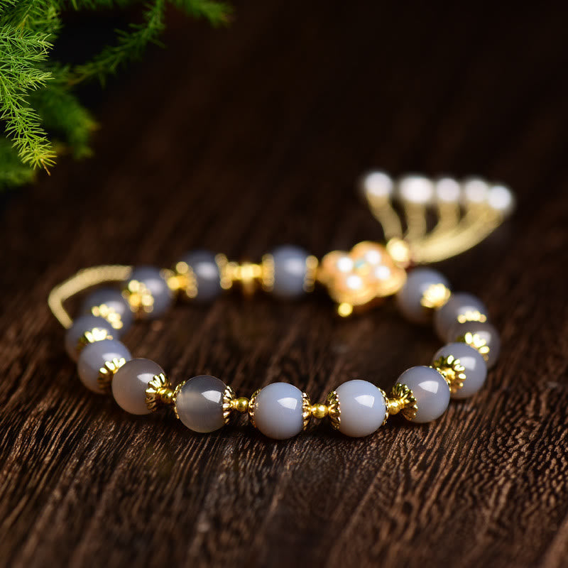 Wear FengShui Natural Gray Agate Fu Character Pearl Tassel Balance Bracelet