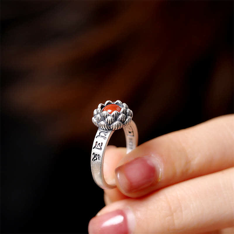 Wear FengShui925 Sterling Silver Lotus Red Agate Confidence Blessing Ring