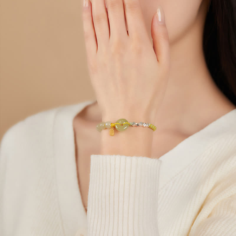 Wear FengShui 925 Sterling Silver Hetian Jade Peace Buckle Beaded Luck Happiness Charm Bracelet