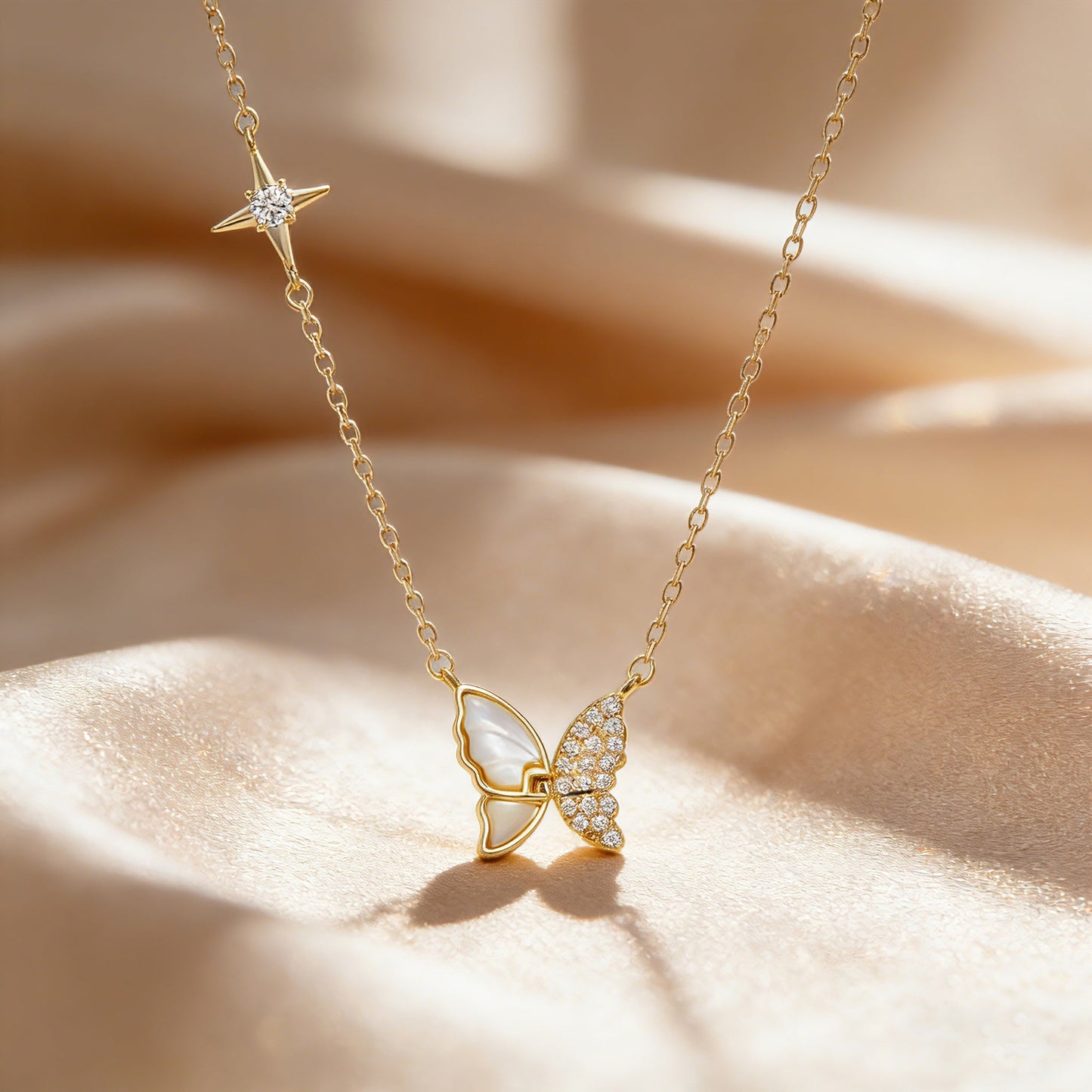 White Mother of Pearl CZ Butterfly Necklace for Women