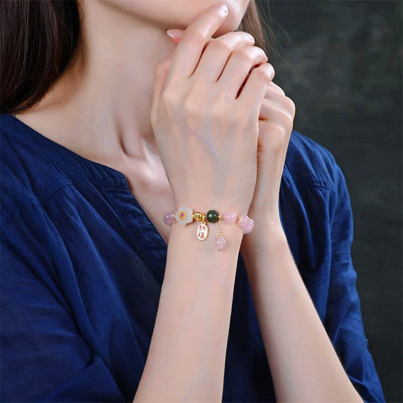 Wear FengShui Natural Pink Crystal Jade Flower Warm Love Bracelet