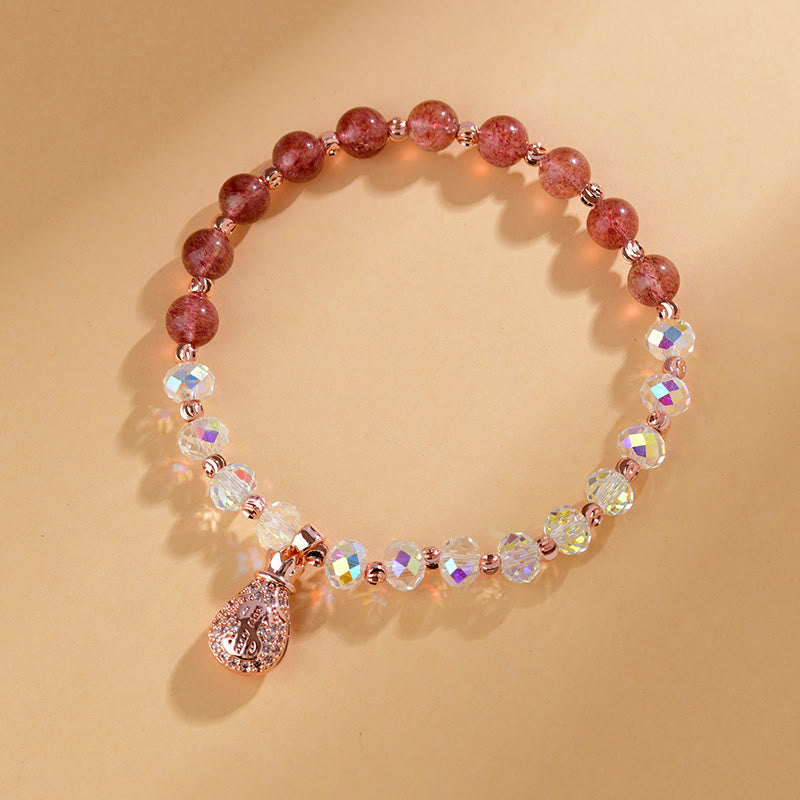 Wear FengShui Strawberry Quartz White Crystal Money Bag Charm Positive Bracelet