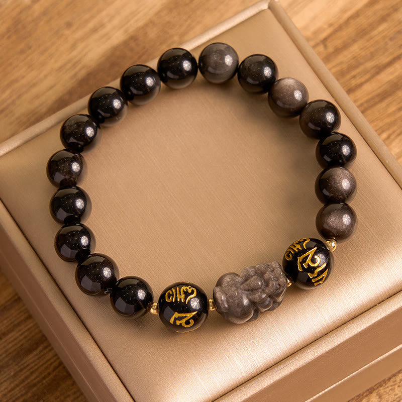 Wear FengShui Natural Silver Sheen Obsidian Black Obsidian Om Mani Padme Hum Pixiu Protection Bracelet