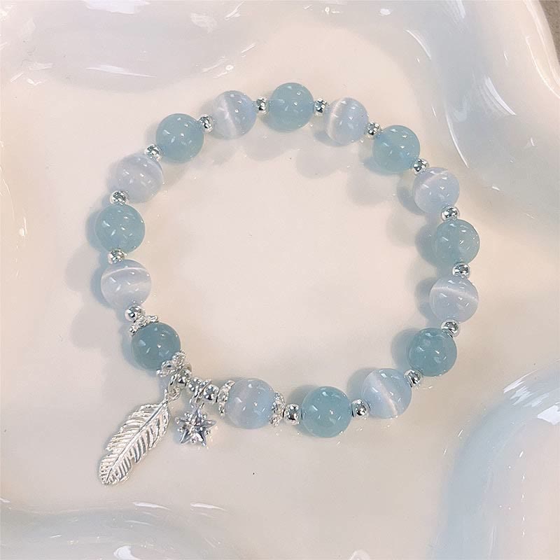 Wear FengShui 925 Sterling Silver Aquamarine Cat's Eye Healing Feather Star Charm Bracelet