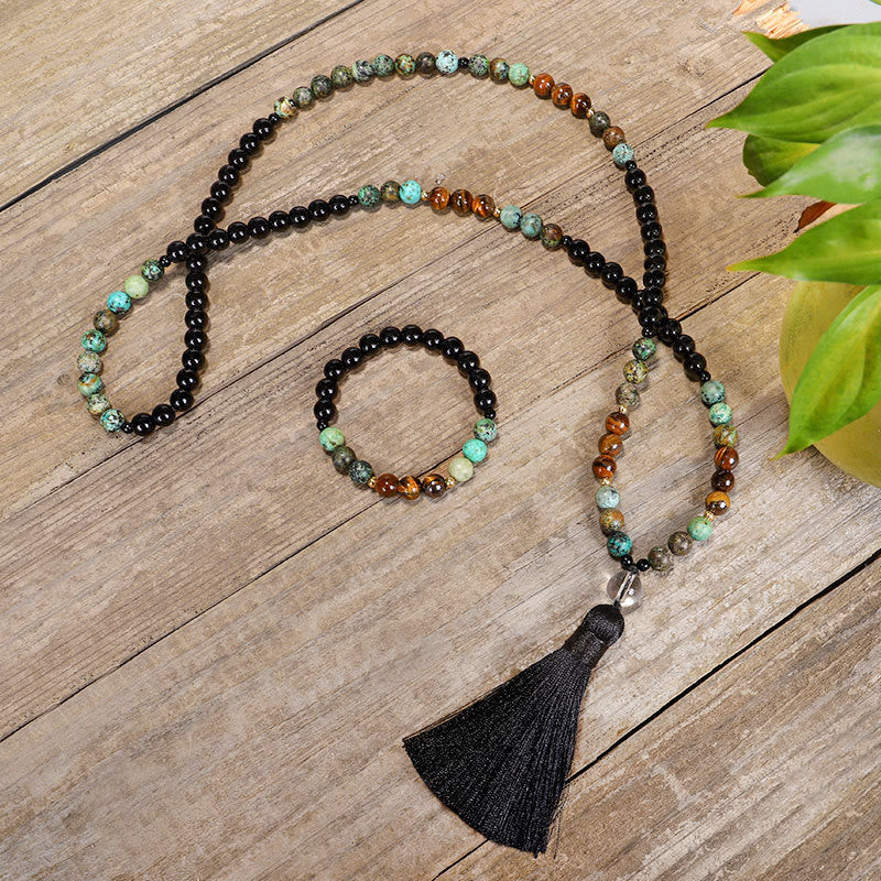 Wear FengShui 108 Mala Beads Natural Stone Tiger Eye Turquoise Protection Strength Bracelet Necklace