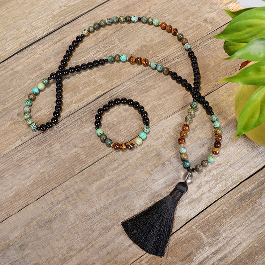 Wear FengShui 108 Mala Beads Natural Stone Tiger Eye Turquoise Protection Strength Bracelet Necklace