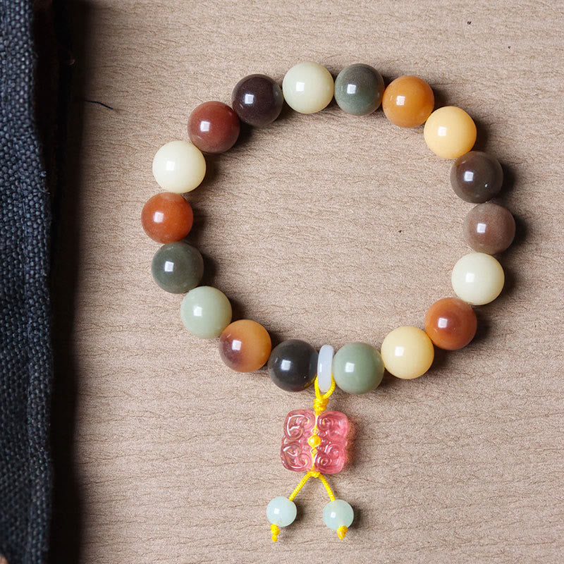 Wear FengShui Natural Multicolored Gradient Bodhi Seed Liuli Glass Charm Peace Bracelet