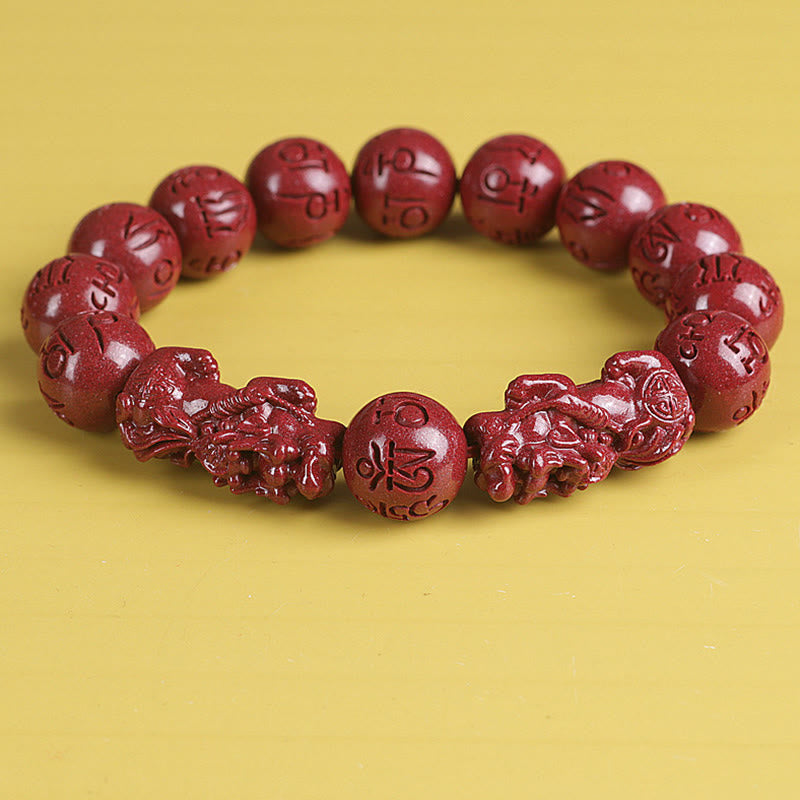 Wear FengShui Natural Double PiXiu Cinnabar Om Mani Padme Hum Wealth Luck Bead Bracelet
