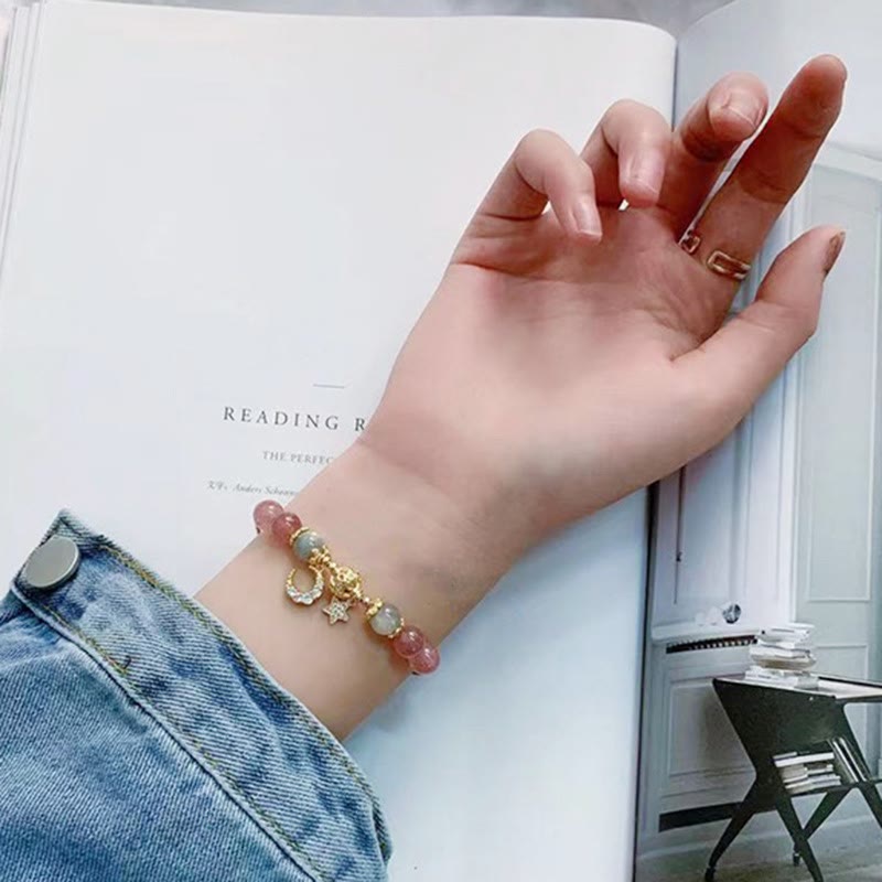 Wear FengShui Strawberry Quartz Moonstone Moon Star Love Bracelet