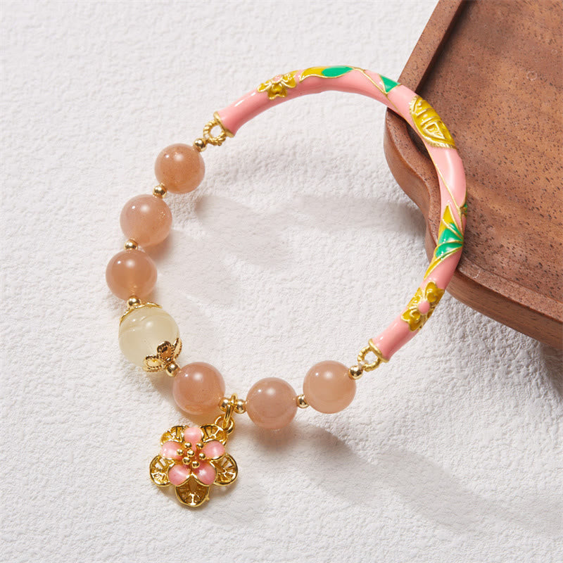 Wear FengShui Natural Sun Stone Golden Silk Jade Flower Charm Wealth Bracelet Bangle