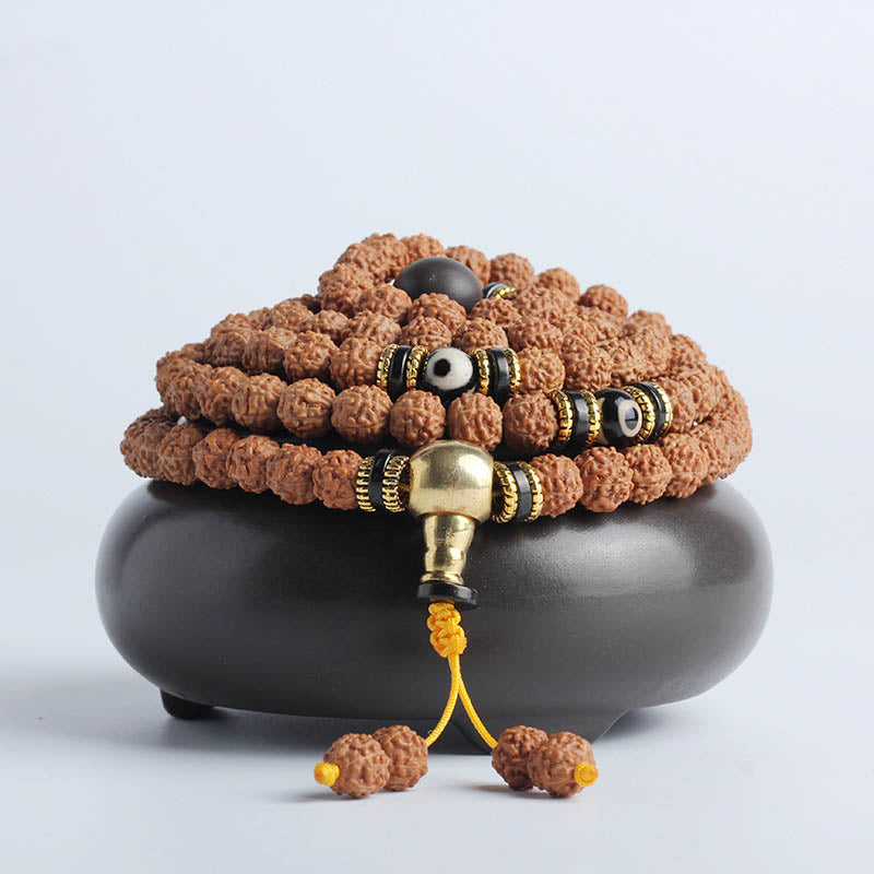 Wear FengShui 108 Mala Beads Rudraksha Bodhi Seed Dzi Bead Luck Wealth Bracelet