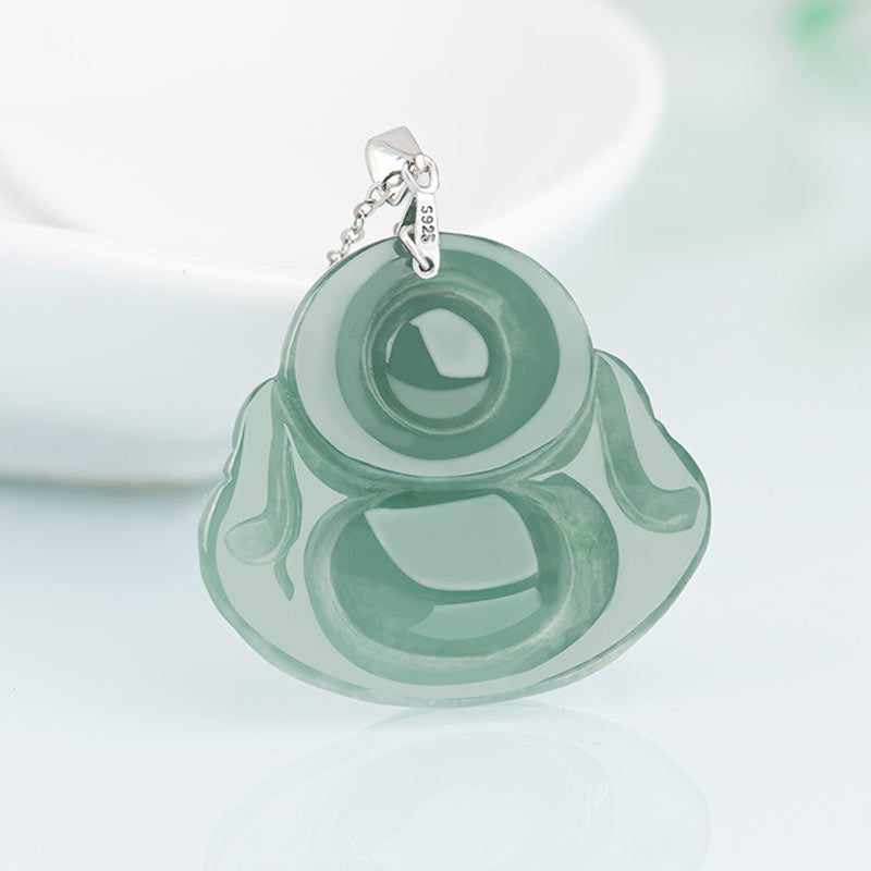 Wear FengShui Laughing Buddha Jade Protection Calm Titanium Steel Chain Necklace Pendant