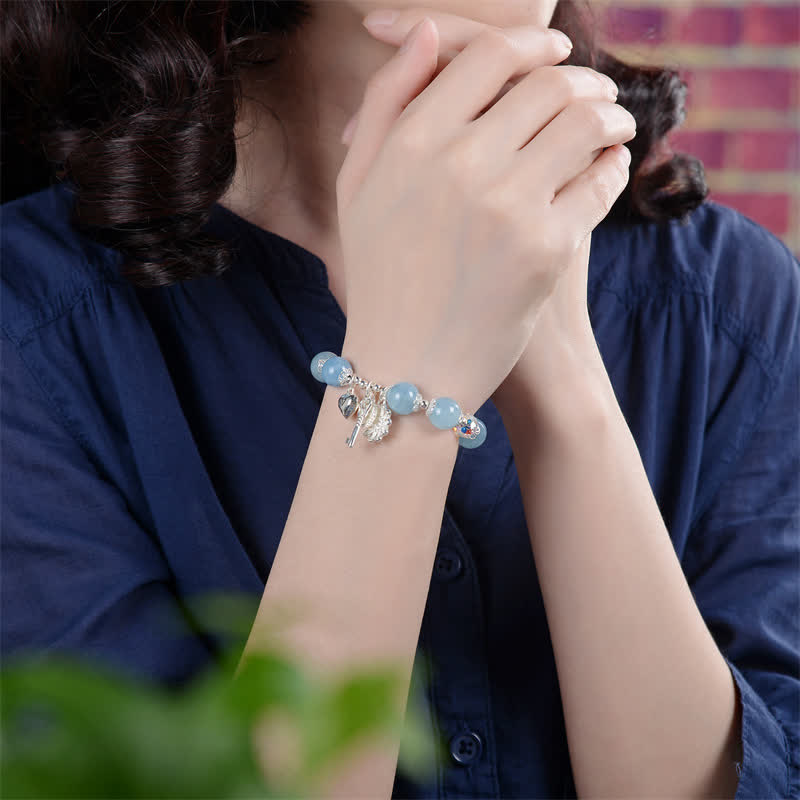 Wear FengShui 925 Sterling Silver Natural Aquamarine Serenity Flower Love Key Charm Bracelet