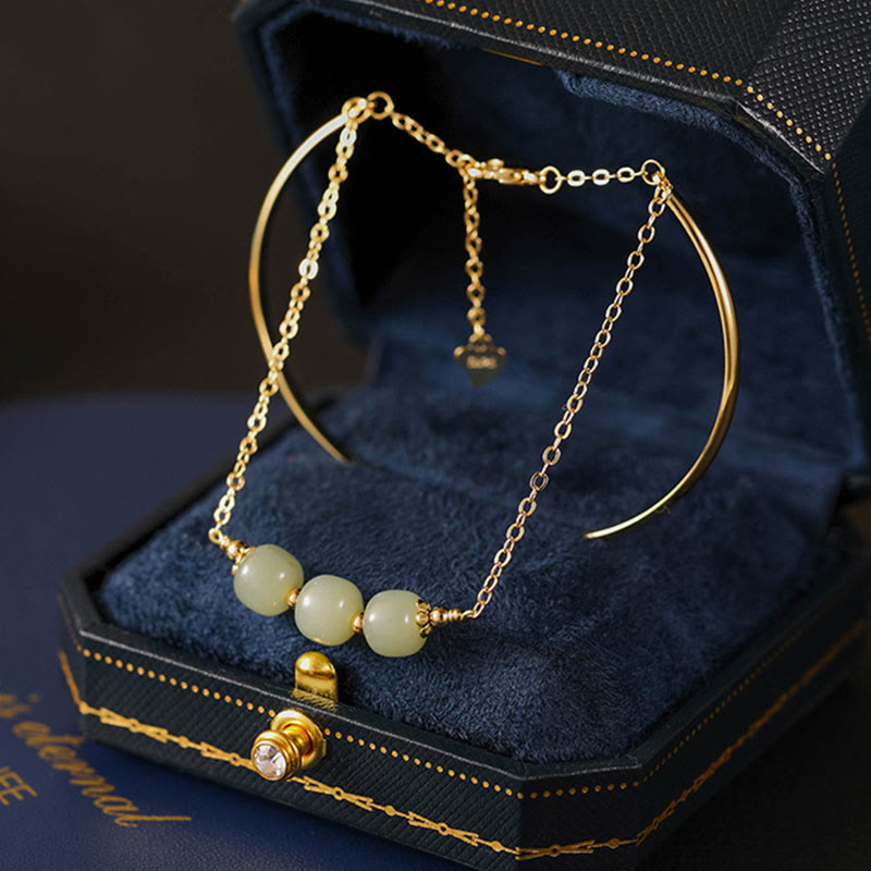 Wear FengShui Copper Plated Gold Hetian Jade Bead Luck Double Layer Bracelet Bangle