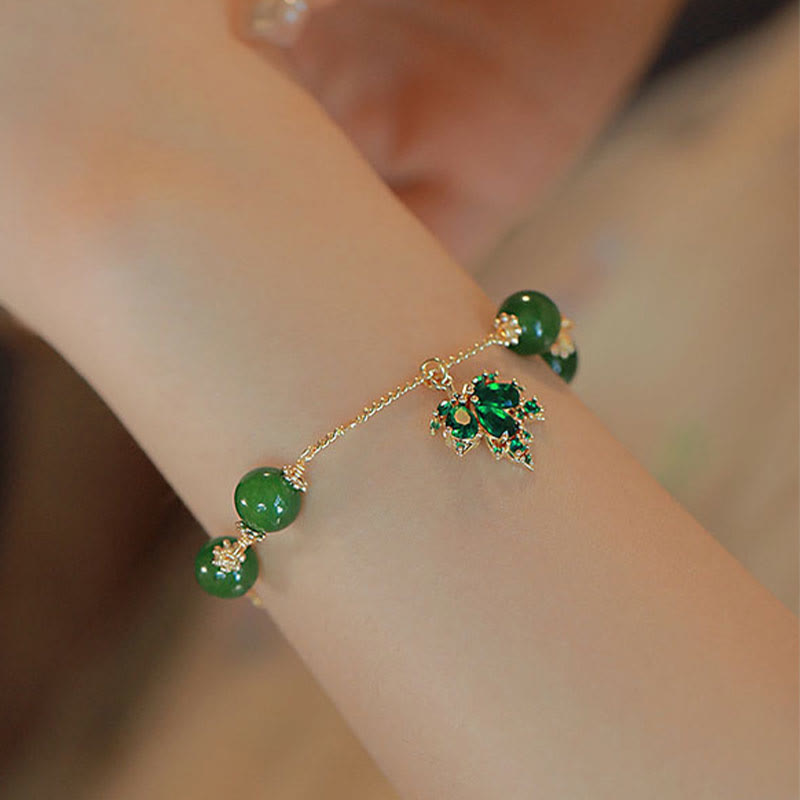 Wear FengShui 14k Gold Plated Green Chalcedony Maple Leaf Courage Strength Bracelet