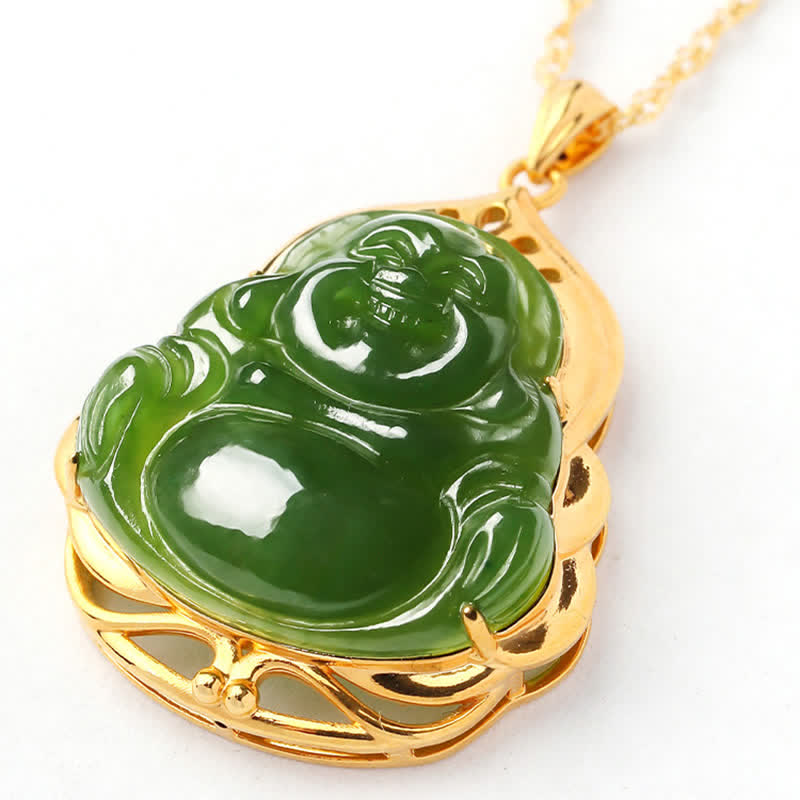 Wear FengShui 925 Sterling Silver Natural Hetian Cyan Jade Laughing Buddha 18K Gold Healing Necklace Chain Pendant