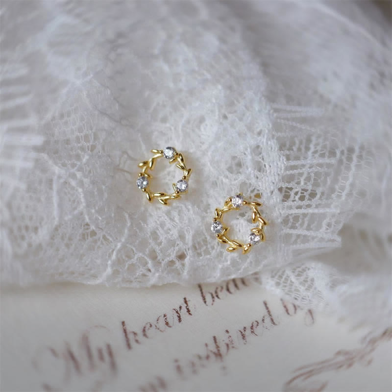 Wear FengShui 925 Sterling Silver Posts Copper Metal Tiny Wreath Stud Blessing Flower Earrings