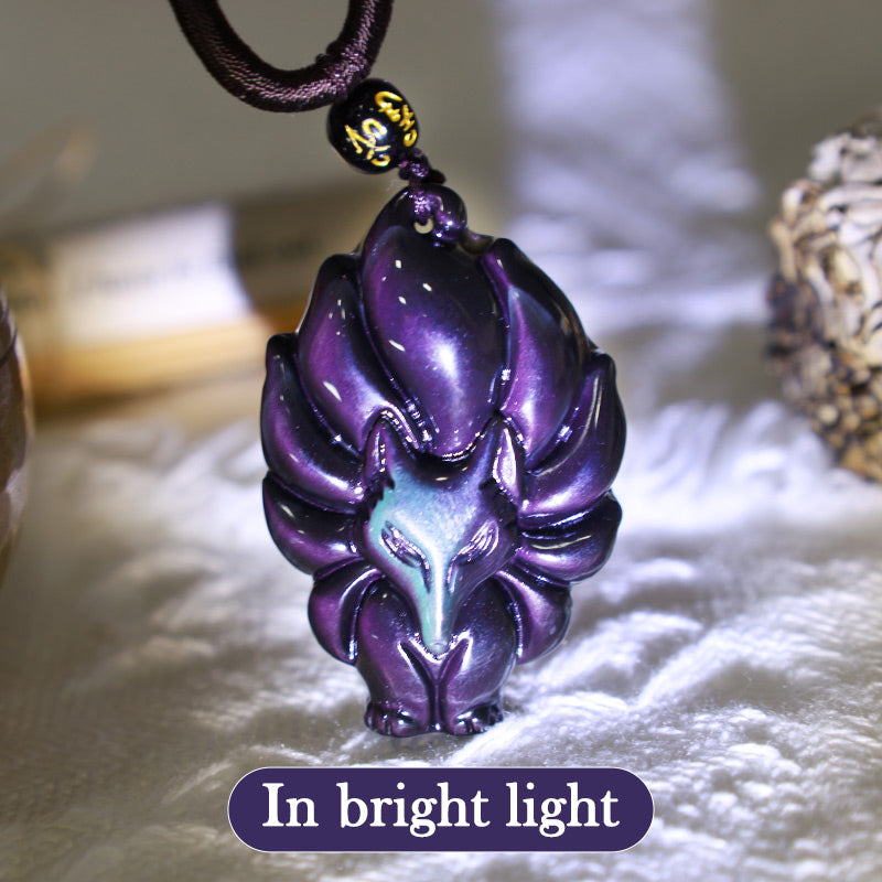 Wear FengShui Natural Rainbow Obsidian Gold Sheen Obsidian Nine Tailed Fox Positive Necklace Pendant