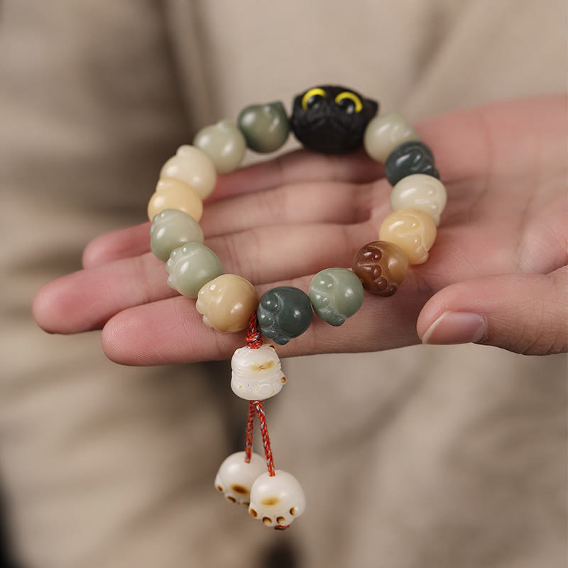 Wear FengShui Natural Bodhi Seed Lovely Paw Ebony Wood Lucky Cat Wisdom Bracelet