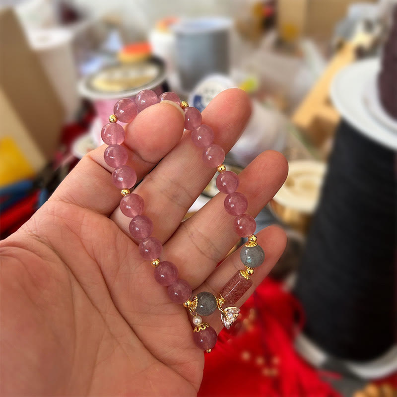 Wear FengShui Natural Strawberry Quartz Zircon Flower Positive Charm Bracelet