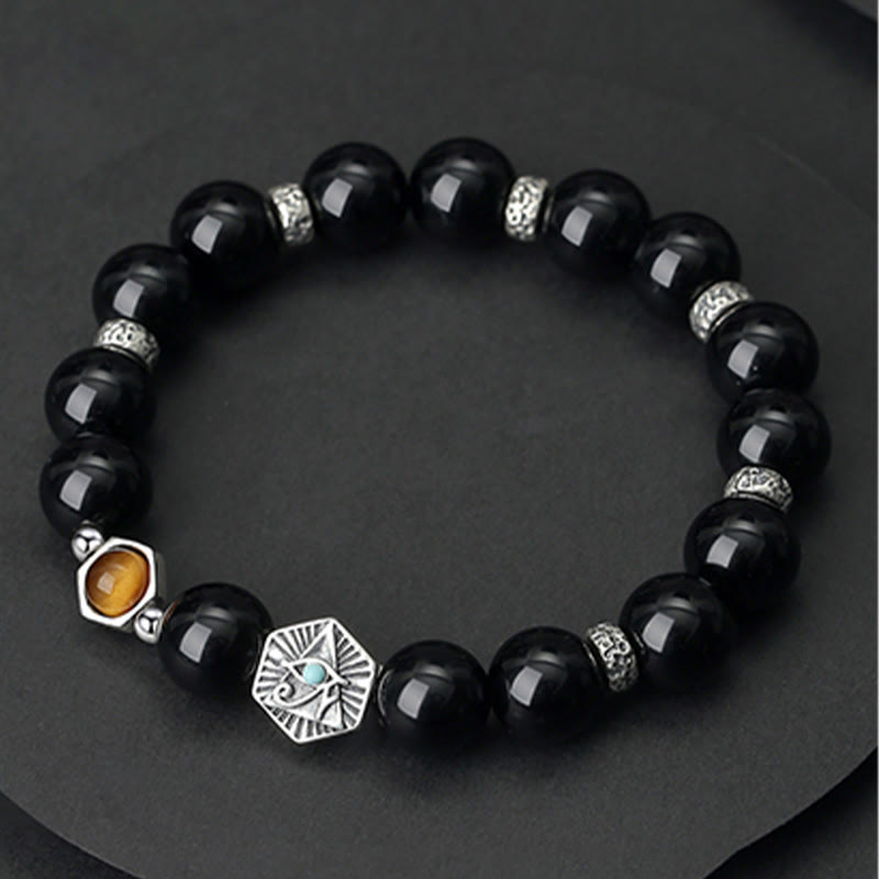 Wear FengShui 925 Sterling Silver Black Obsidian Tiger Eye Eye of Providence Purification Bracelet